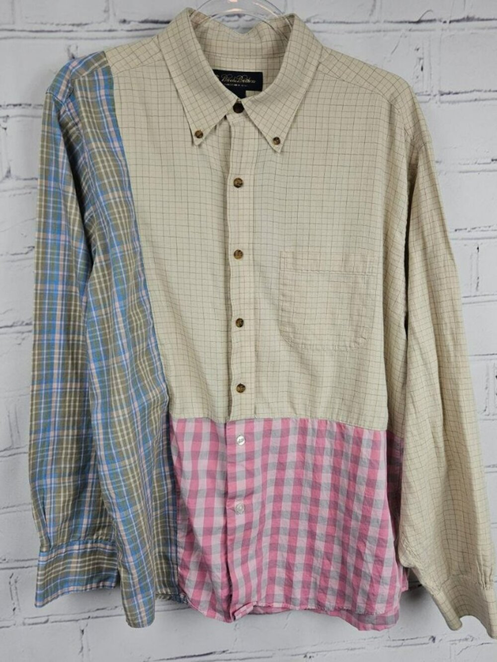 Brooks Brothers Vintage Mens XL Patchwork Cotton Button-Down Shirt Long Sleeve